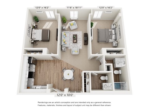 Floor plan for 2 beds, 1.5 baths, 1033 sqft